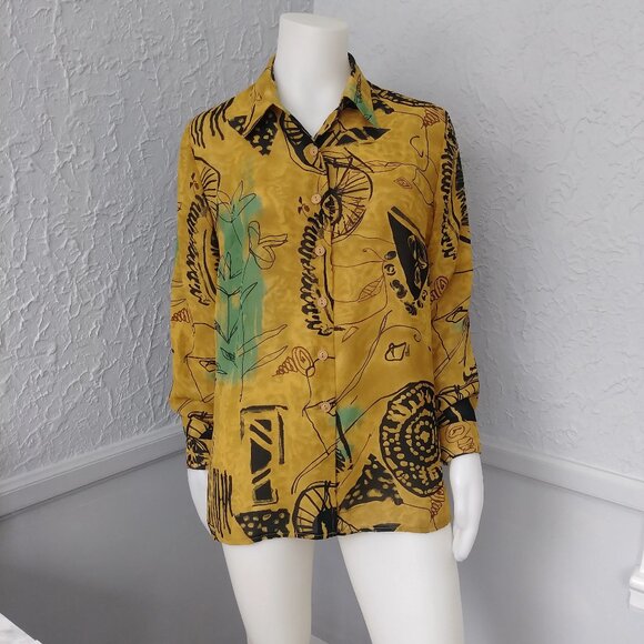 Vintage Blouse by Bantry Bay - yellow goldenrod with black and blue abstract - Picture 1 of 6